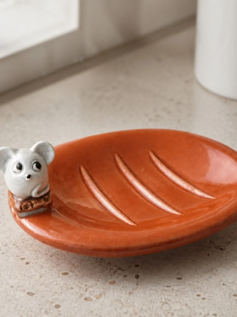 Whimsical Ceramic Orange Soap Dish with Mouse Accent